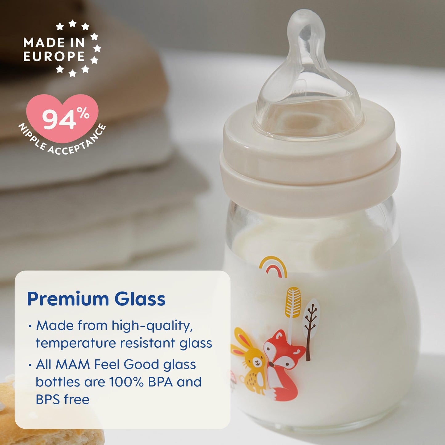 Mam Feel Good Medium Flow Premium Glass Bottle, Easy Switch Between Breast And Bottle, 9Oz, 0+ Months, Unisex, 3 Pack