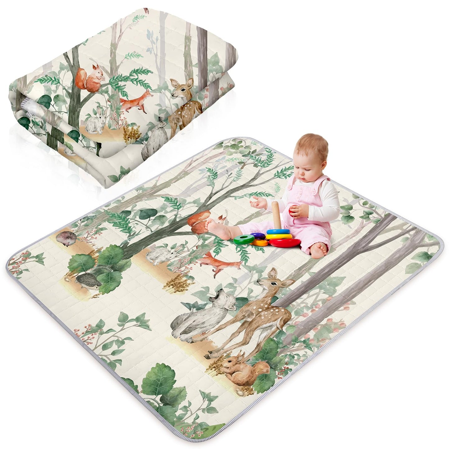 Funtery 43 x 43 Inch Boho Baby Play Mat Portable Crawling Washable Foldable Tummy Time Non Slip Baby Floor Large Playpen Mat for