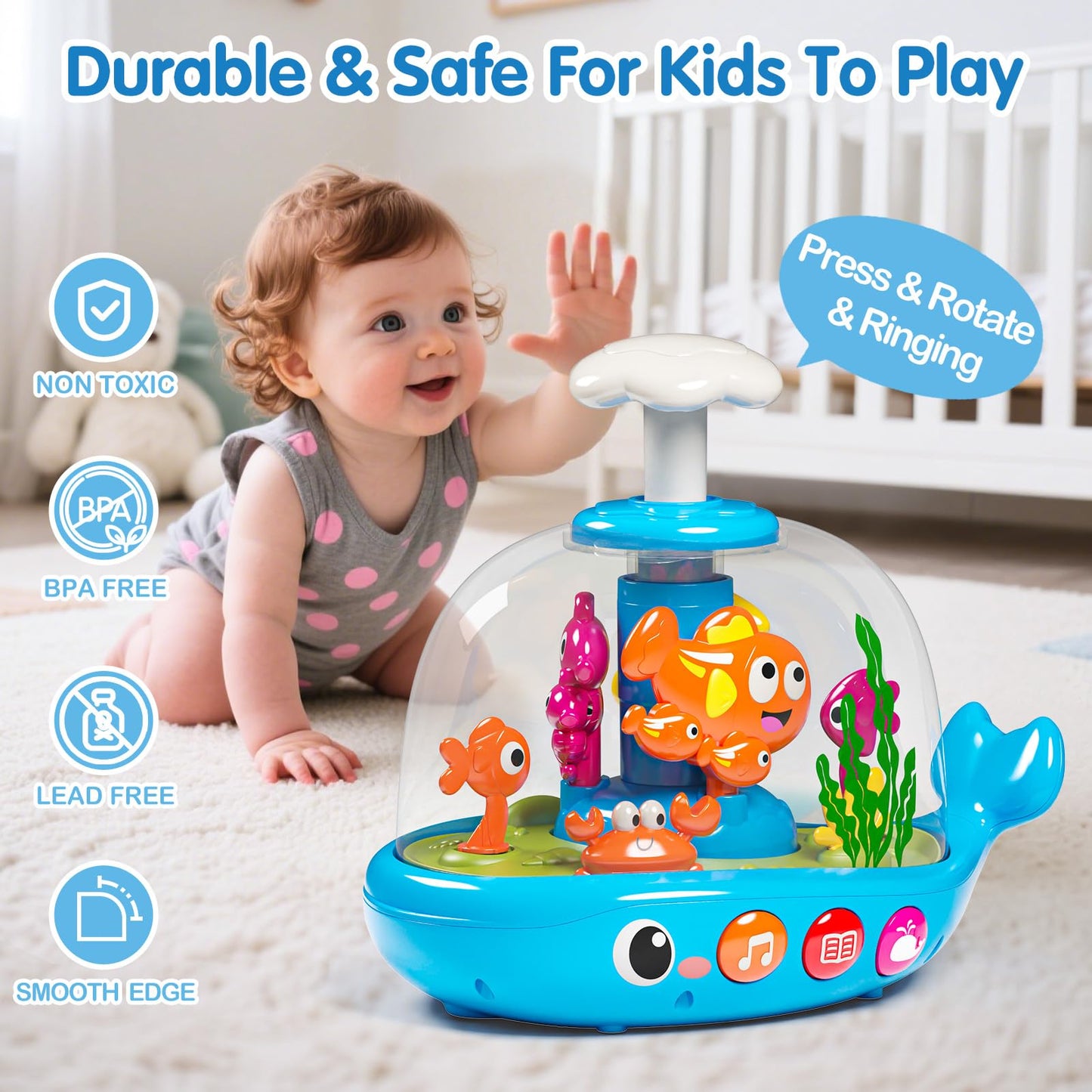 Baby Toys 6-12 Months, Press & Glow & Spin Infant Toys, Cause and Effect Baby Musical Toys Educational Toy for 1 Year Old, 1st B