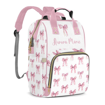 Customized Bow Diaper Bag Backpack Nylon Pink Bow for Girls, Waterproof, Multifunctional, Large Storage Space Personalized Mommy