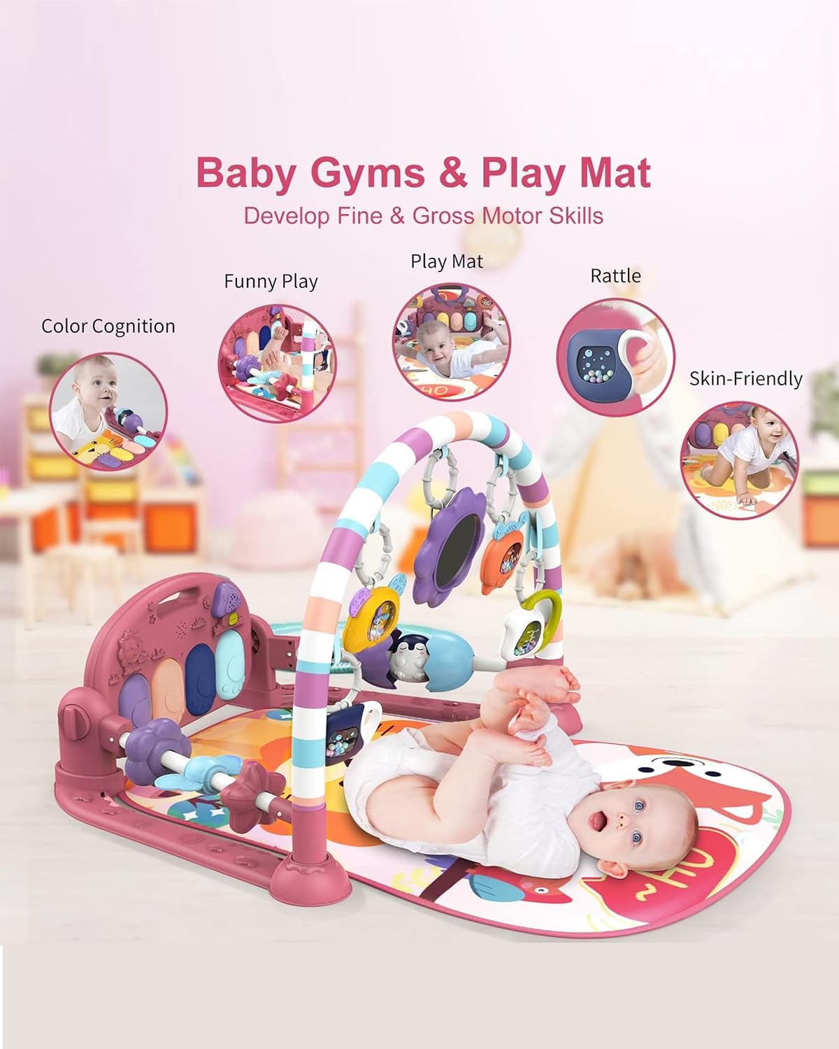 Dearlomum Baby Play Mat Baby Gym,Funny Play Piano Tummy Time Baby Activity Mat With 5 Infant Sensory Baby Toys & 4 Wrist Baby Ra
