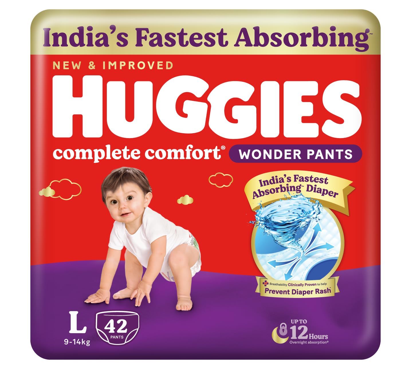 Huggies Complete Comfort Wonder Pants | Pant Style Baby Diapers Large Size (L), 42 Count | IndiaS Fastest Absorbing Diaper, Pre