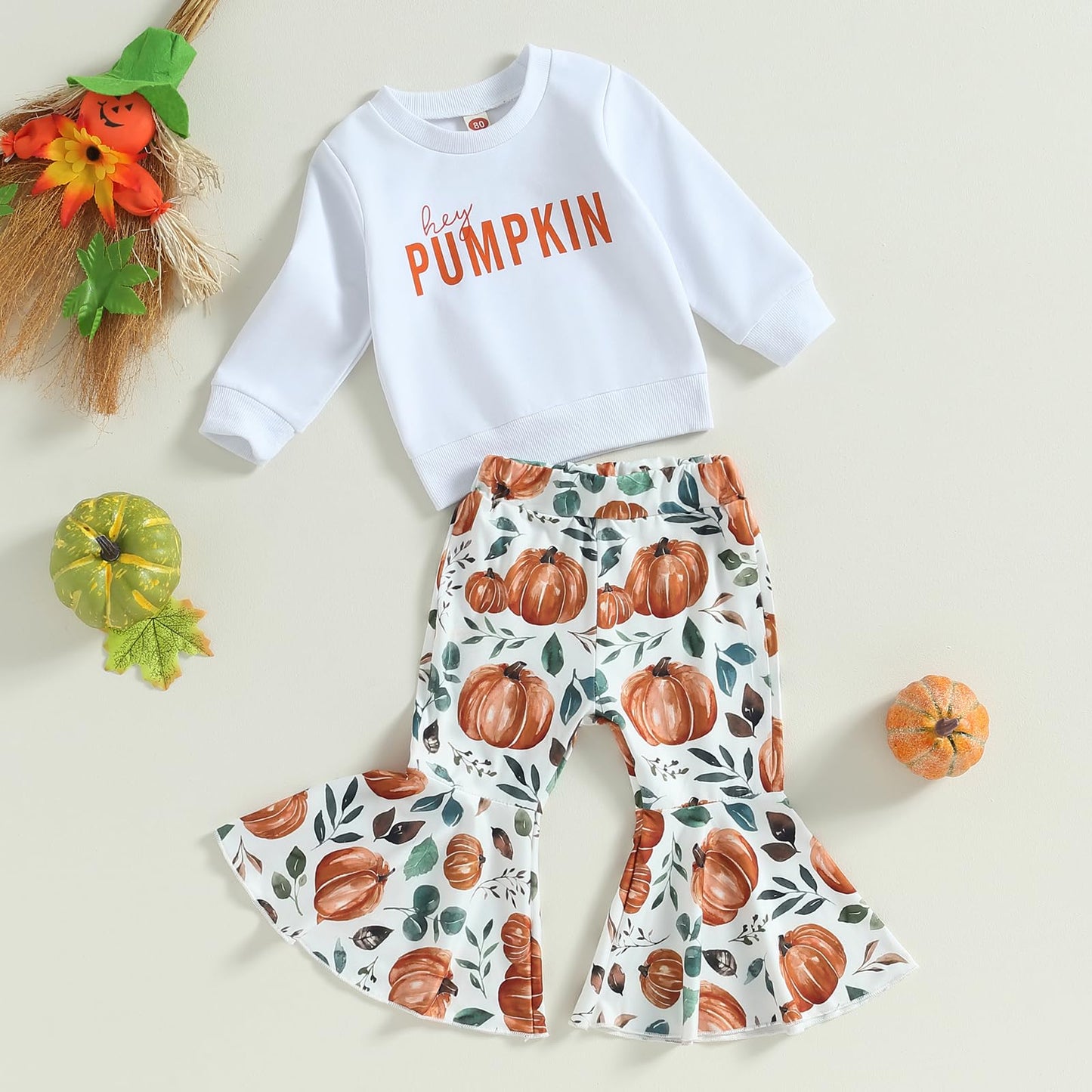 Wybzd Toddler Baby Girl Halloween Outfit Pumpkin Pie Crewneck Sweatshirt Shirt Top Bell-Bottom Pants Sets Cute Fall Clothes Pump