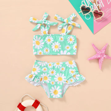 Younger Tree Toddler Girls Two Pieces Swimsuit Color Block Stripe Swimwear Summer Beach Bathing Suit 18M-5T(Green#Daisy 12-18 Mo