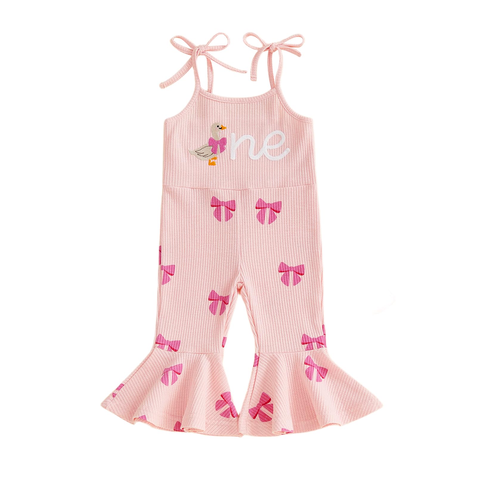 XRTBMN One Silly Goose Birthday Outfit Girl Flared Jumpsuit Infant Baby Waffle Sleeveless Tie Up Strawberry Romper Overalls (Pin