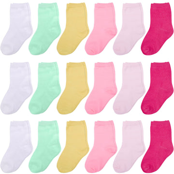 Duufin 18 Pairs Toddler Crew Socks Girls Mid Cut Socks Kids Crew Socks Mid Rise Toddler Socks, 4-6X