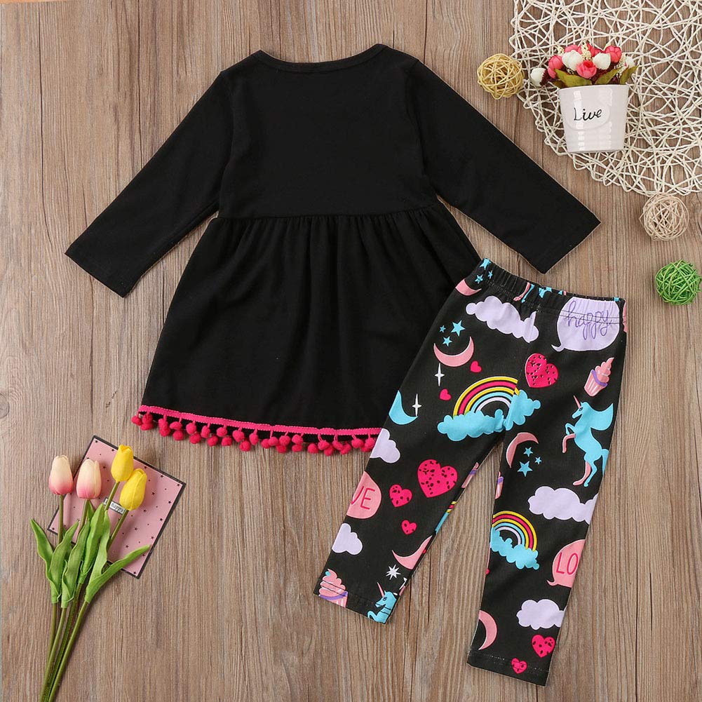 Fashion Kids Toddler Girl Long Sleeve Tunic Top Dress+Floral Pants Outfit Set Spring Fall Clothes (Black Unicorn, 5-6X)