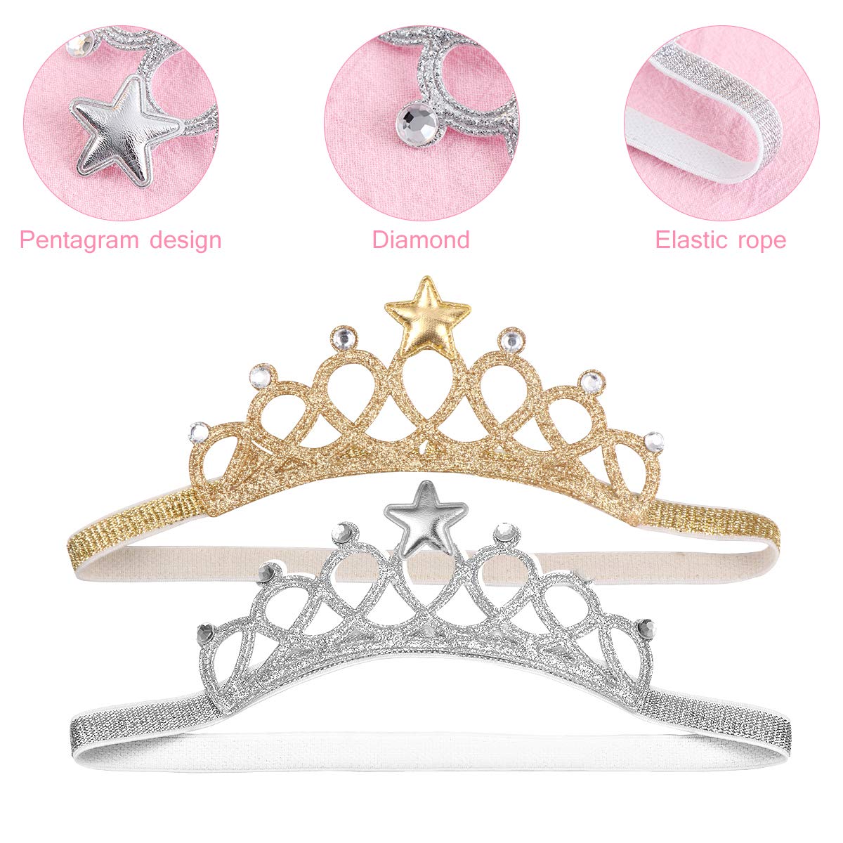 Beaupretty 2Pcs Baby Girls Crystal Crown Tiara Hair Belt Headband Soft Headwrap Princess Headpiece Children Hair Accessories For