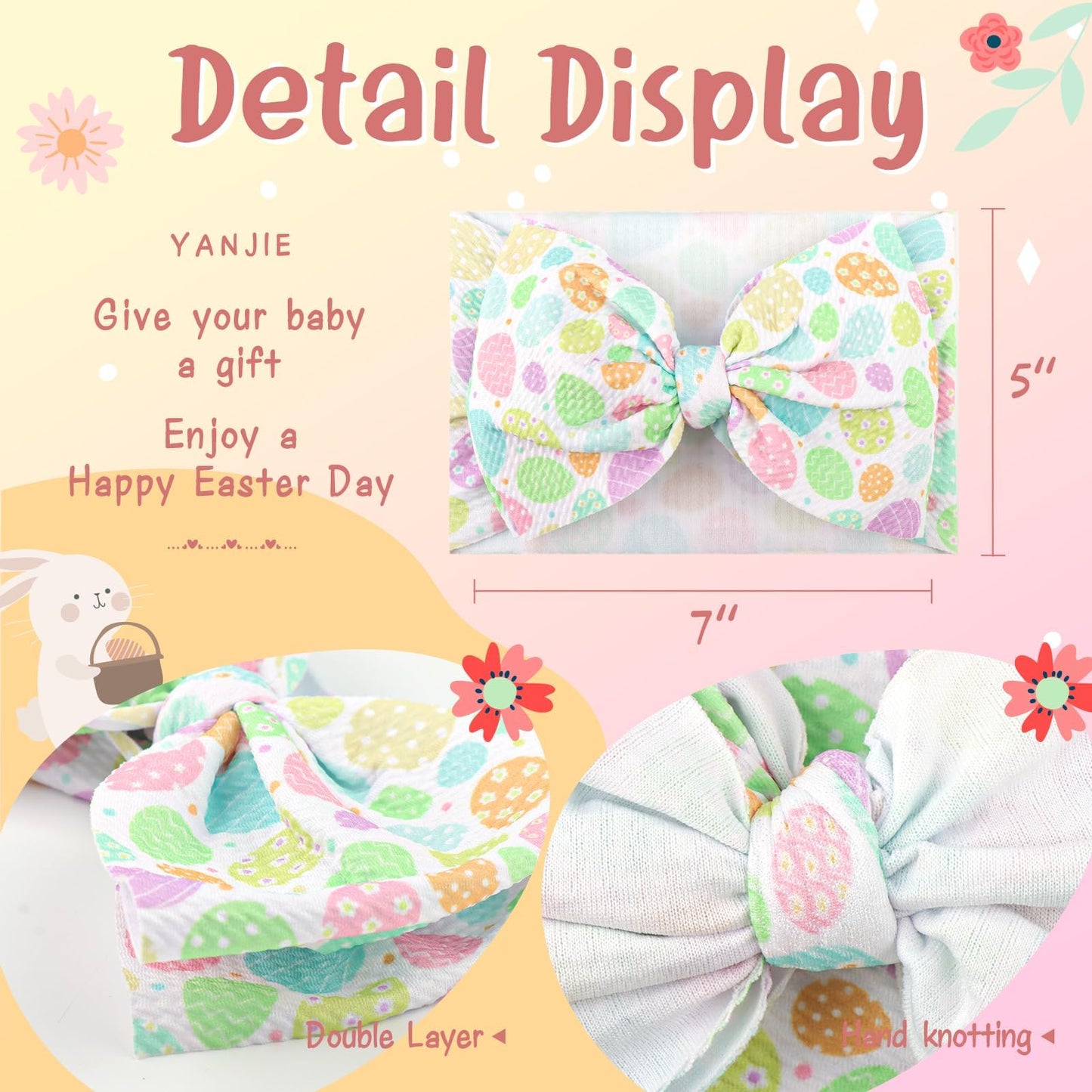 Yanjie 7' Easter Baby Girl Bows Egg Headband Easter Hair Bows Large Easter Baby Headband Toddler Girls Hair Accessories Infant