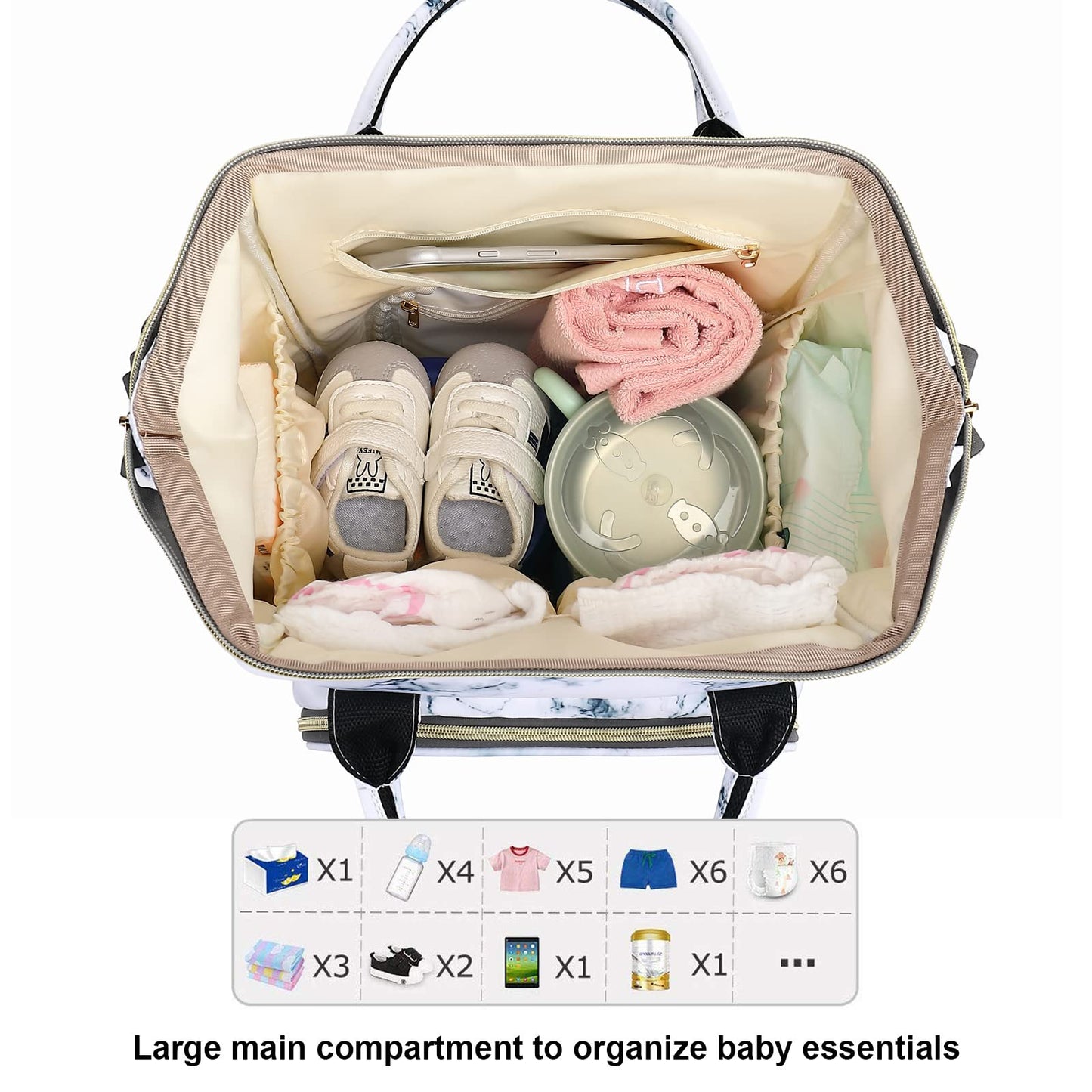 Yusudan Diaper Bag Backpack For Baby Girls, Mom Waterproof Large Nappy Bags For Women (Marble)