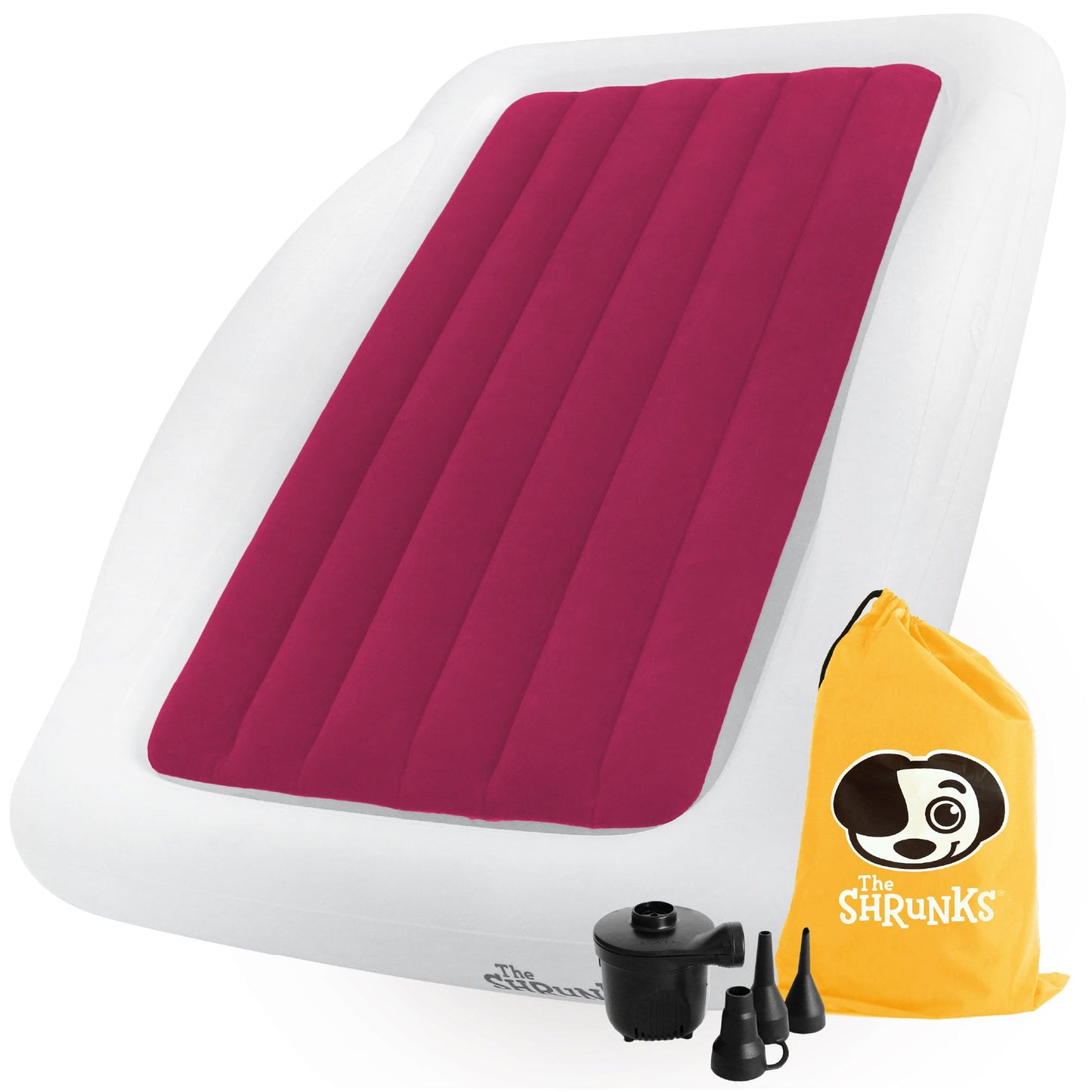The Shrunks Pink Toddler Travel Bed | Inflatable Kids Air Mattress with Safety Bumpers & Electric Pump | Portable Blow-Up Bed fo