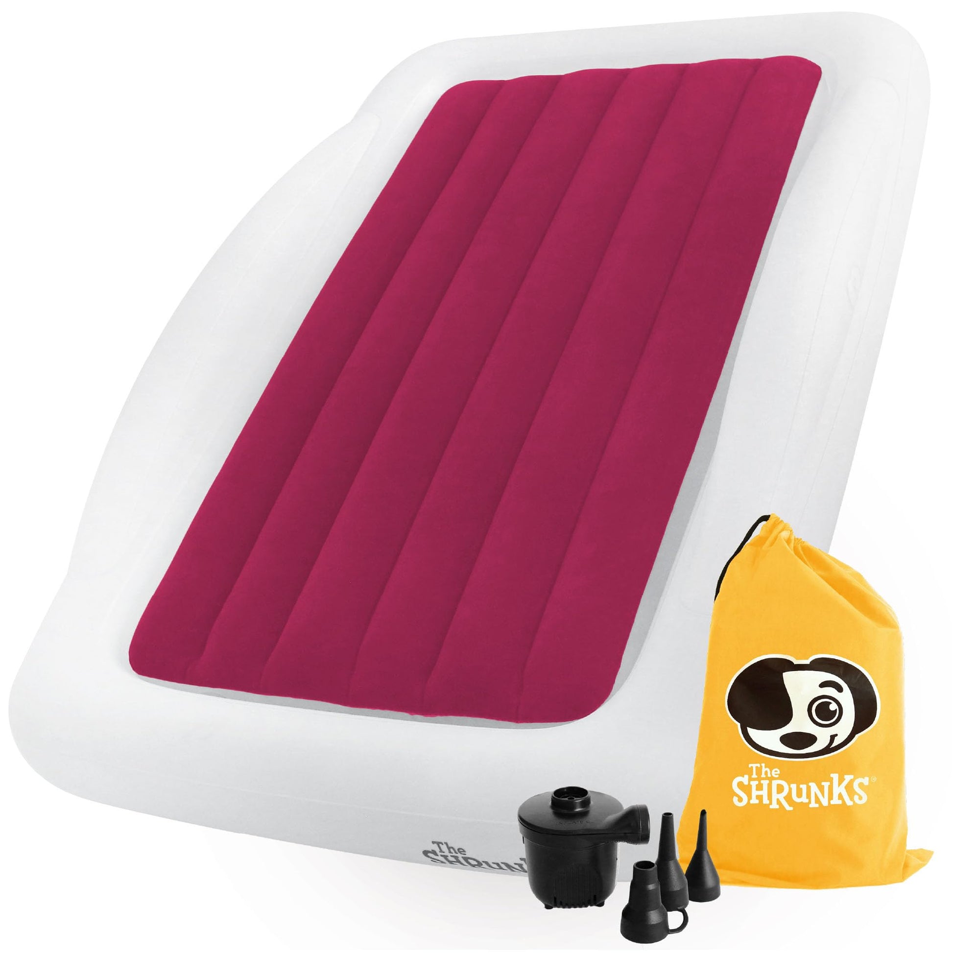 The Shrunks Pink Toddler Travel Bed | Inflatable Kids Air Mattress with Safety Bumpers & Electric Pump | Portable Blow-Up Bed fo
