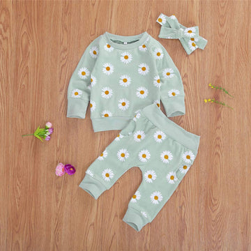Fybitbo Infant Baby Girls Fall Winter Clothes Daisy Print Pullover Sweatshirt Tops Shirt+Pocket Pants Trousers 3Pcs Outfits (6-1