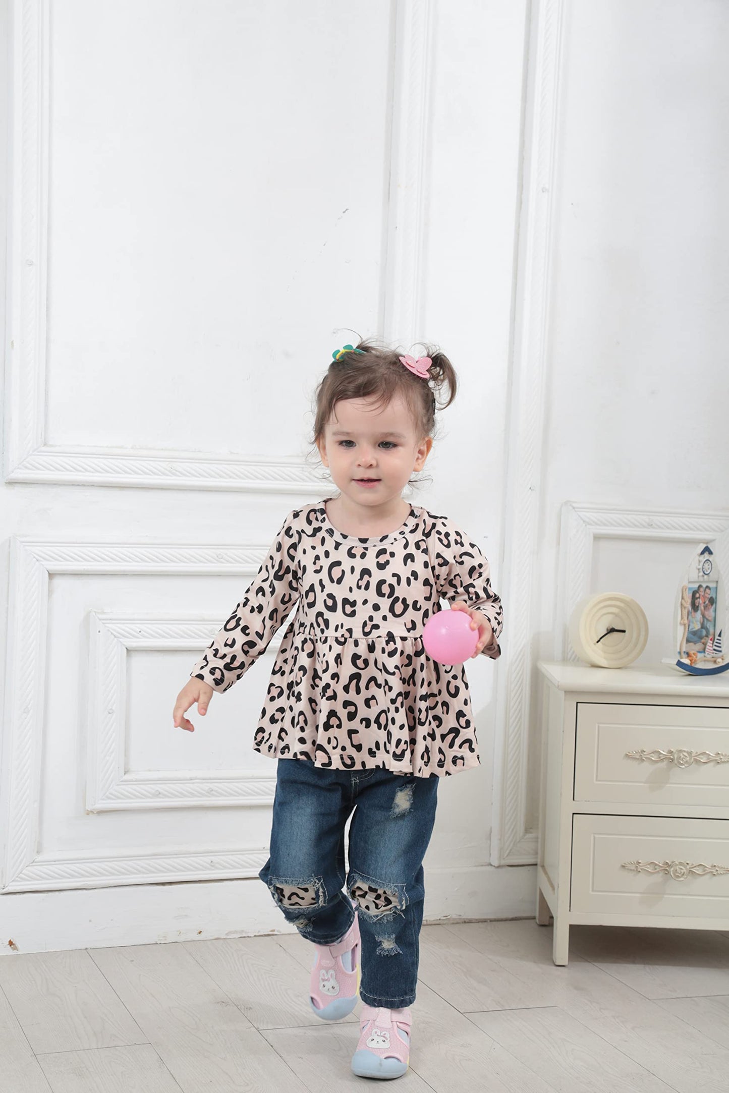 Xuanhao Infant Girl Clothes Cute Baby Girl Clothing Long Sleeve Leopard Tops Ripped Denim Jeans 2Pcs Baby Girl Fall Winter Cloth
