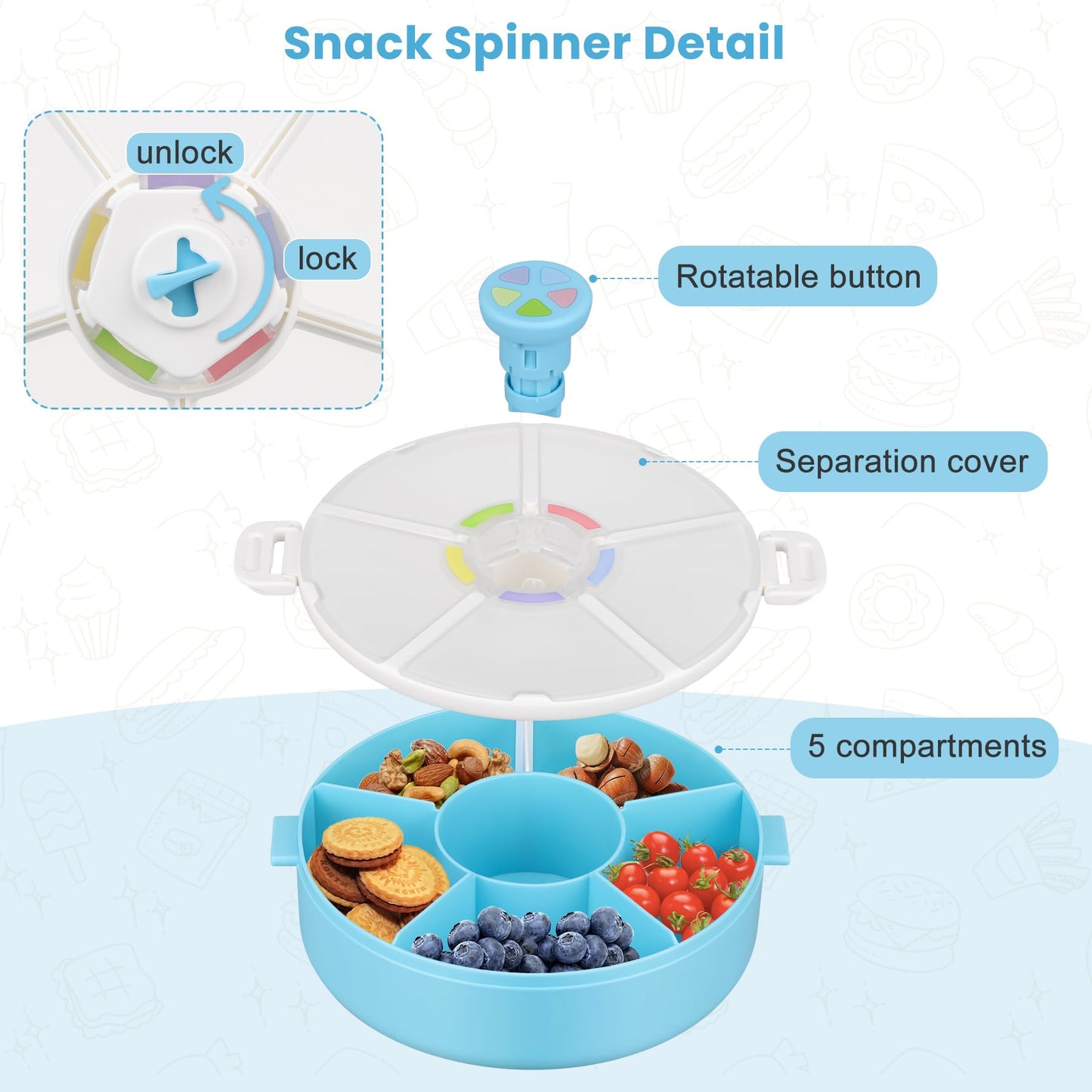 Pawtong Kids Snack Spinner Container Reusable Snack Box With 5 Compartment Dispenser And Lid, Color Matching Opening Lid, Bpa An