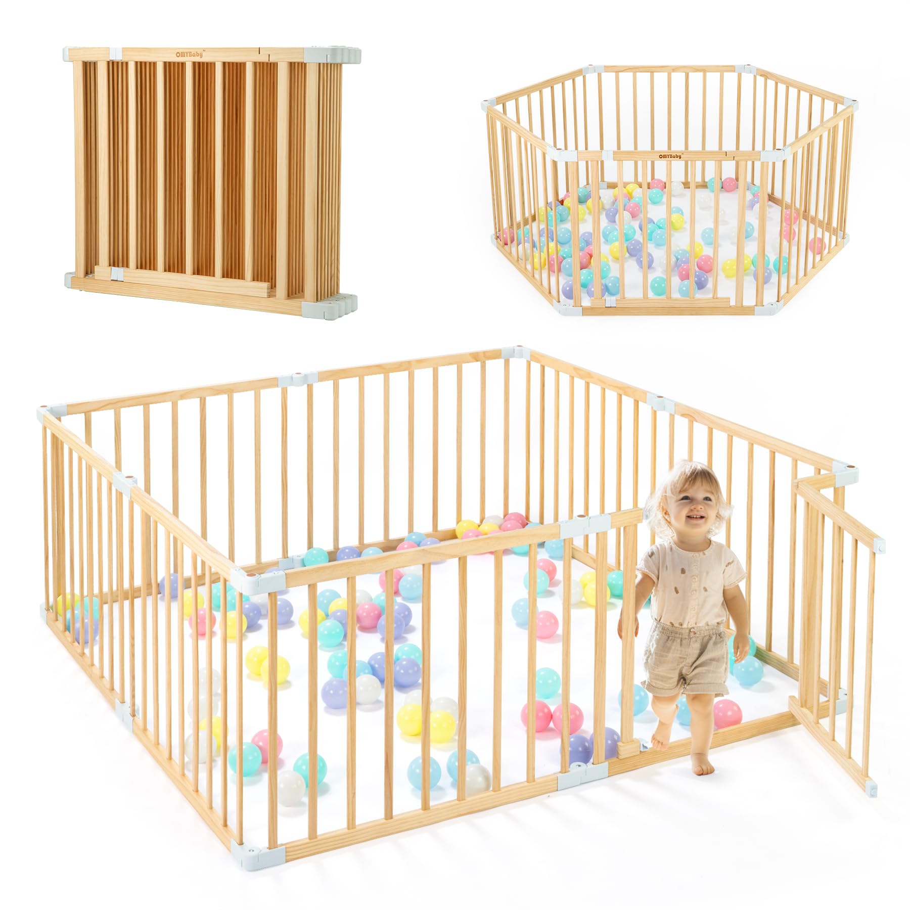 Wooden Baby Playpen With Door, Changeable & Expandable Play Fence For Toddlers, Large Wood Playpen Safety Baby Gate Playard, Saf