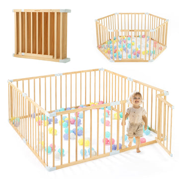 Wooden Baby Playpen With Door, Changeable & Expandable Play Fence For Toddlers, Large Wood Playpen Safety Baby Gate Playard, Saf