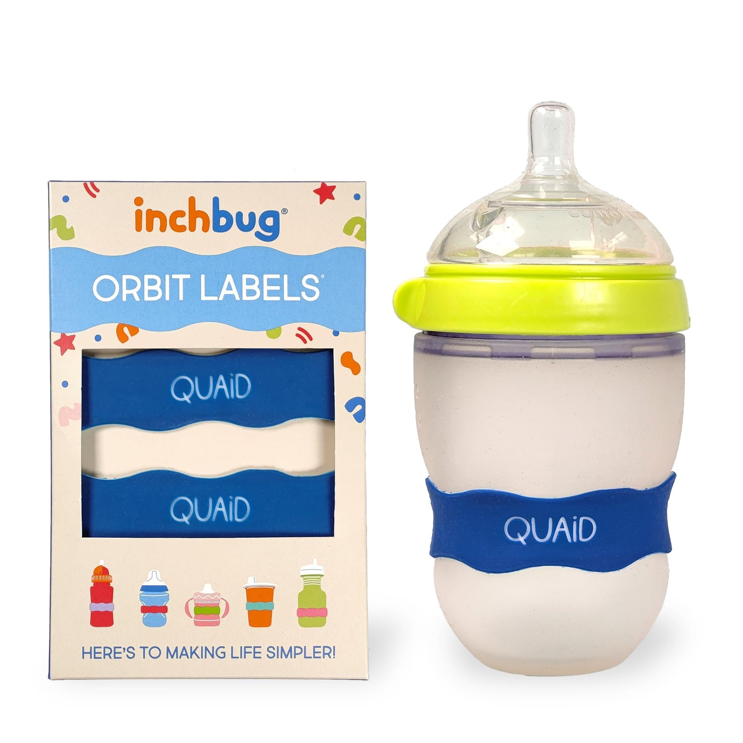 Inchbug Orbit Labels - White Contrasting Personalization Silicone Baby Bottle & Sippy Cup Bands - Reusable, Dishwasher Safe, Eng