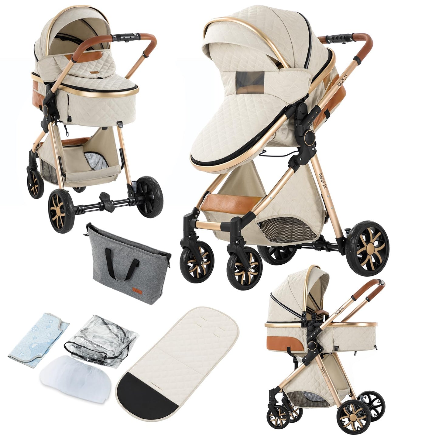 2 in 1 Baby Stroller with Bassinet, Convertible Pram, Reversible Standard Baby Stroller, Portable Baby Buggy, Infant Carriage, F