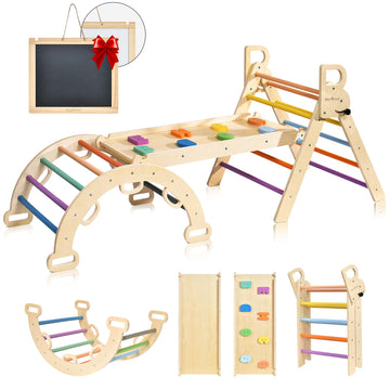 Bluewood Pikler Triangle Set Rainbow Pikler Climbing Set For Toddlers, Foldable Baby Climbing Toys, Wooden Montessori Climbing S