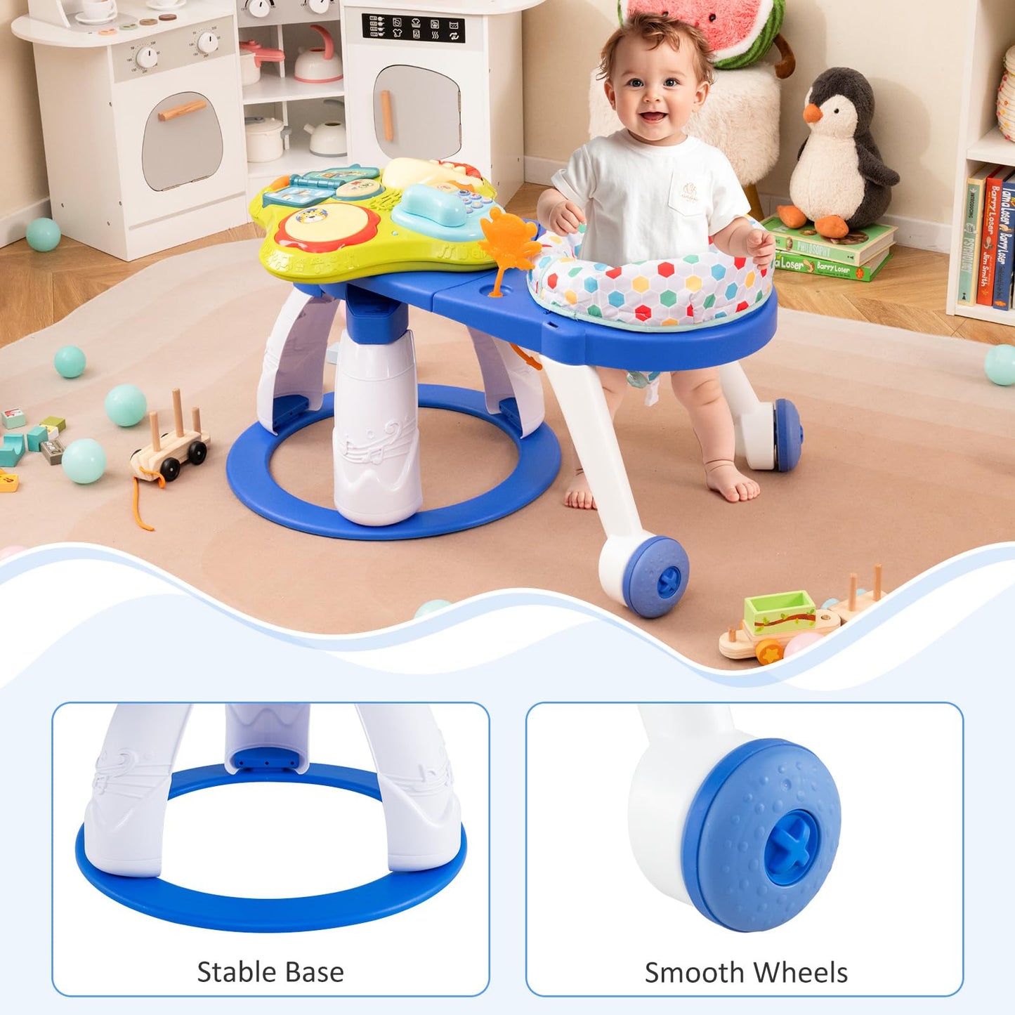 BABY JOY 3 in 1 Walk Around Baby Activity Center, Discovery Play Center with Interactive Toys & Music, Wheels, 3 Adjustable Seat