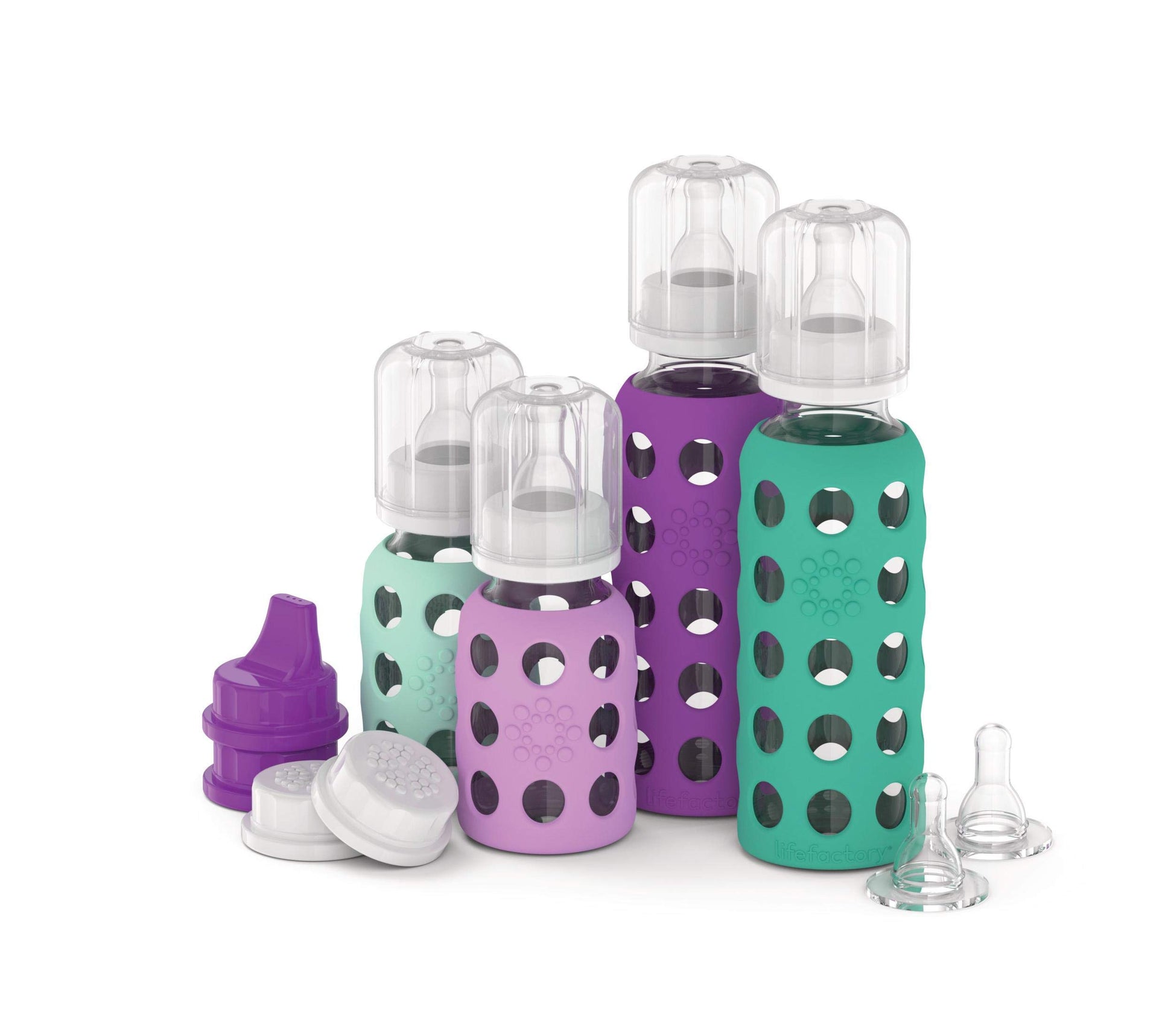 Lifefactory 4 Bottle Starter Set (2) 4-Ounce Baby Bottle In Mint/Lavender (2) 9-Ounce Baby Bottle In Kale/Grape (2) Flat Caps (2