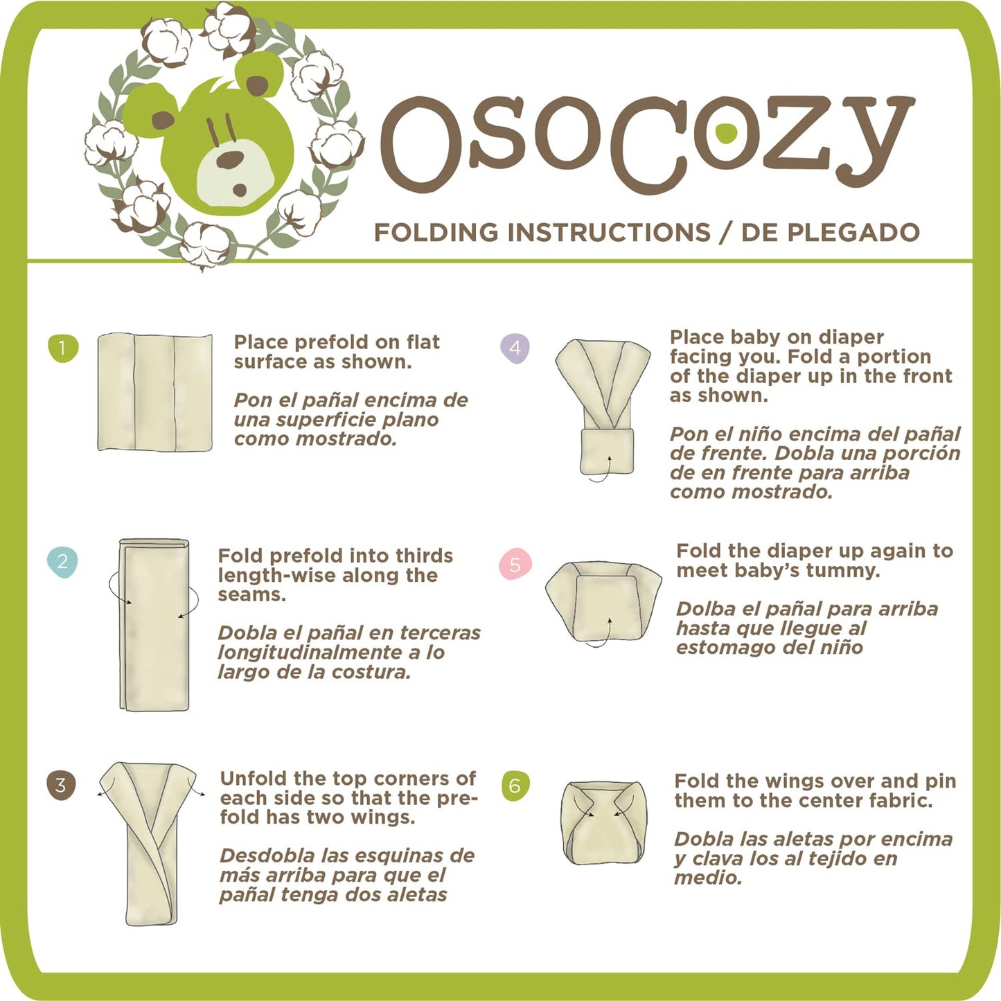 OsoCozy Organic Cotton Prefold Cloth Diapers Traditional Fit Large 4x8x4 Layering (6pk) - Super-Soft, Thick, Absorbent, Durable