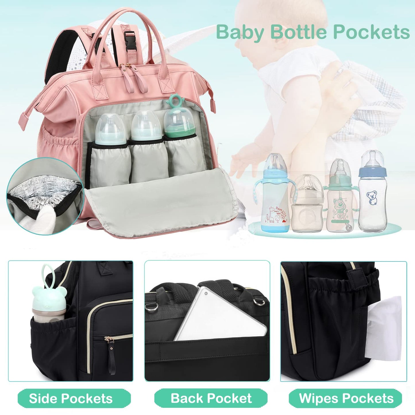 Loradi Convertible Diaper Bag Tote, Water-Resistant 14 Pockets Diaper Backpack With Anti-Theft Pockets And Stroller Clips (Black