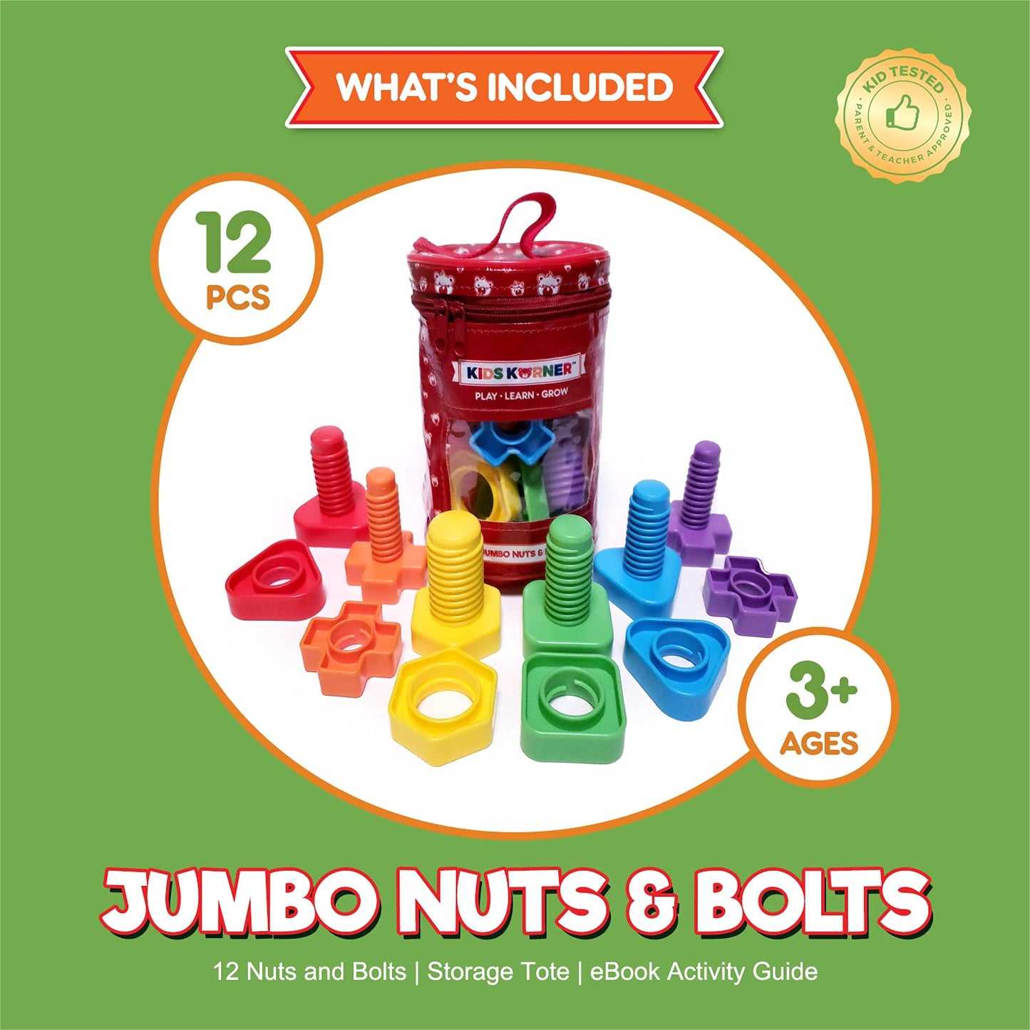 Jumbo Nuts and Bolts For Toddlers - Fine Motor Skills Rainbow Matching Game Montessori Toys For Toddlers & Toddler Games | 12 pc