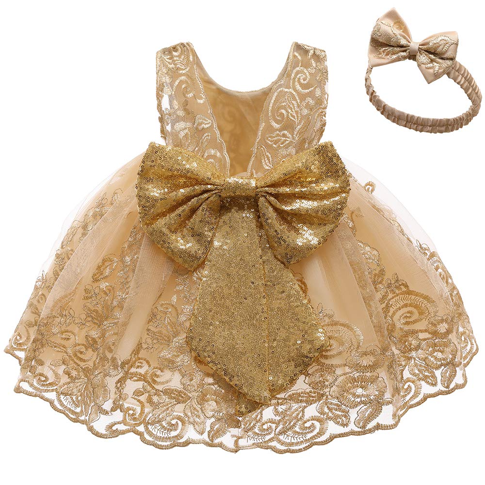 Baby Girls Embroidery Lace Dresses Toddler Ruffles Infant Easter Tutu Birthday Dress With Headwear (Golden02,70)