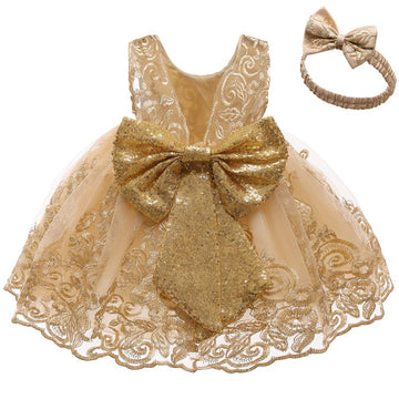 Baby Girls Embroidery Lace Dresses Toddler Ruffles Infant Easter Tutu Birthday Dress With Headwear (Golden02,70)
