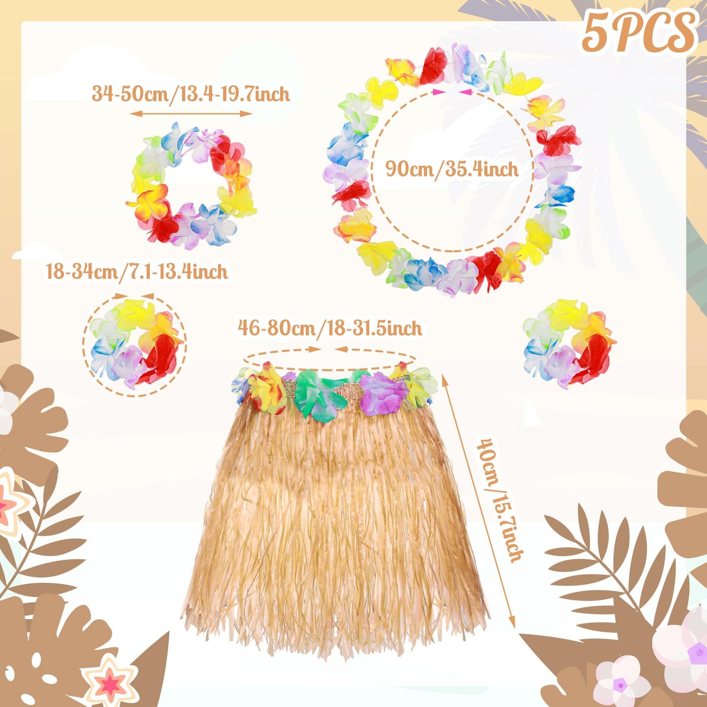 Abeillo 5 Pack Hawaiian Hula Grass Skirt, Hula Dancing Skirt With Flower Costume Accessory Hawaiian Hula Party Dress Up(Gold)