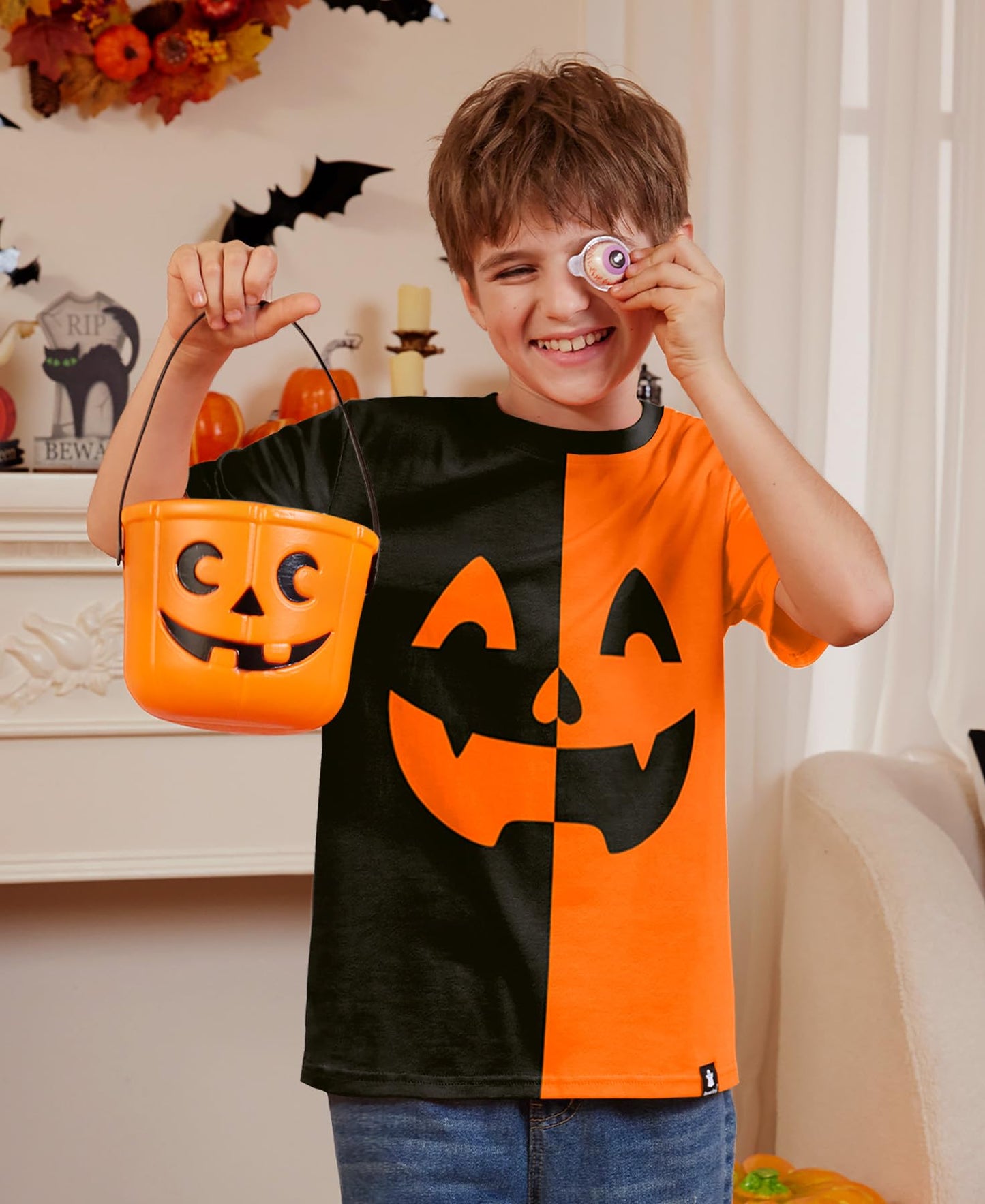 Halloween Little Boys Orange Black Pumpkin Face Jack O' Lantern Shirt Funny Short Sleeve Top 6 Years