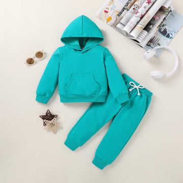 Happy Town Toddler Fall Outfits For Girl Boy Long Sleeve Hoodie Top And Long Sweatpants Set Toddler Sweatsuit (Solid Color-Lake