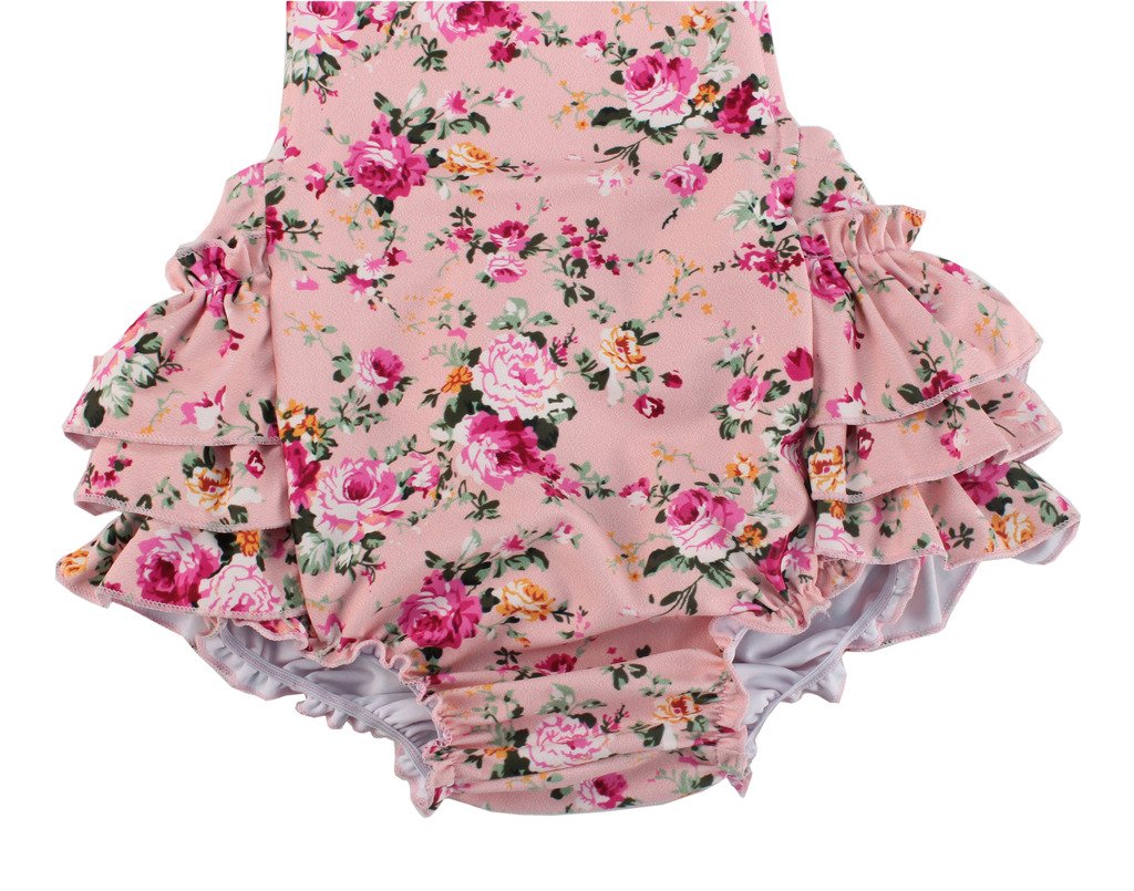 China Rose 50'S Floral Ruffles Rompers Backless Dress Bathing Suit Swimwear (0-12 Months,Pink)