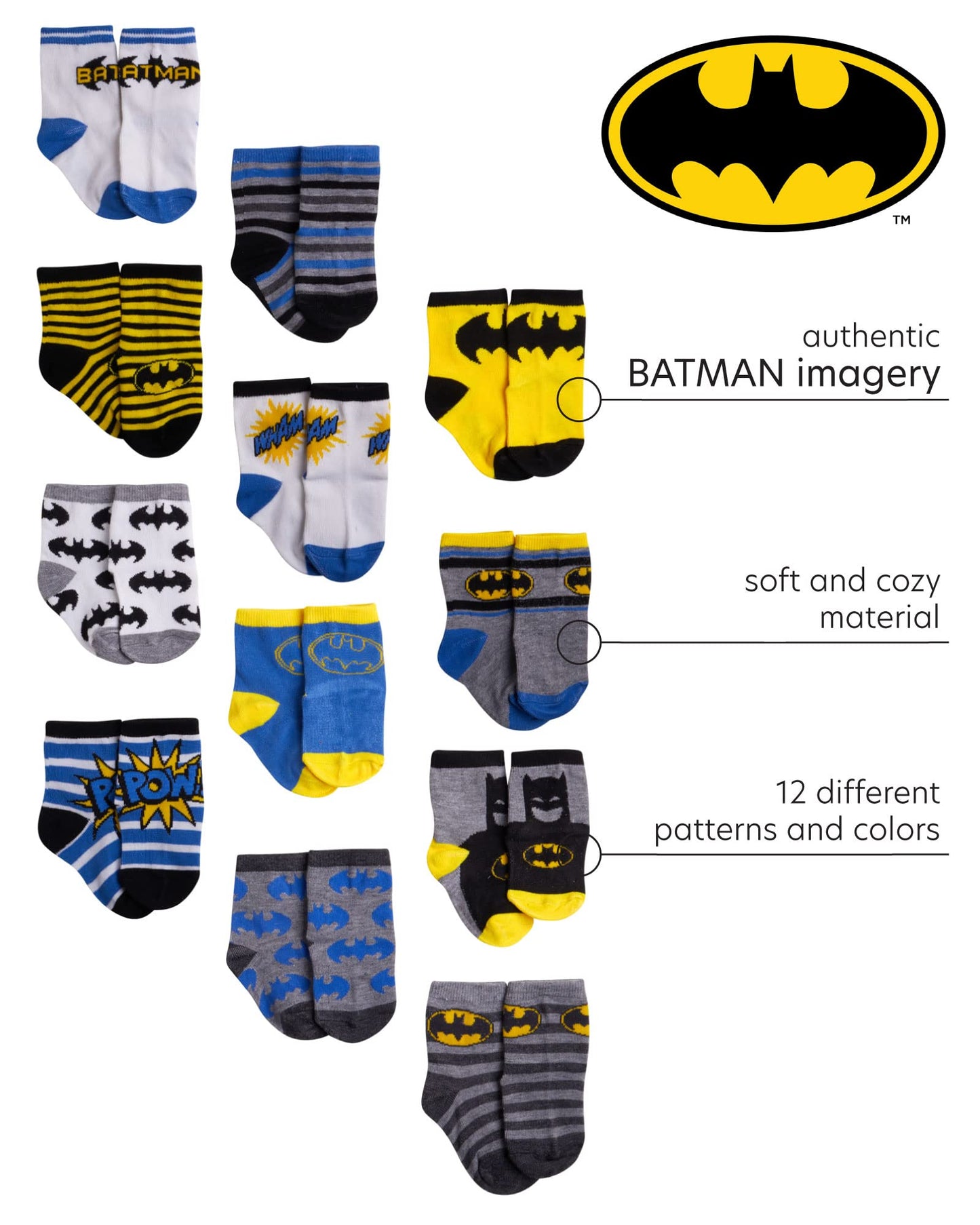 Dc Comics Baby Boys/Girls 12 Pack Socks: Batman, Wonder Woman, Superman, Justice League, Super Girl, Size Age 6-12M, Blue/Yellow
