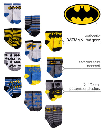 Dc Comics Baby Boys/Girls 12 Pack Socks: Batman, Wonder Woman, Superman, Justice League, Super Girl, Size Age 6-12M, Blue/Yellow