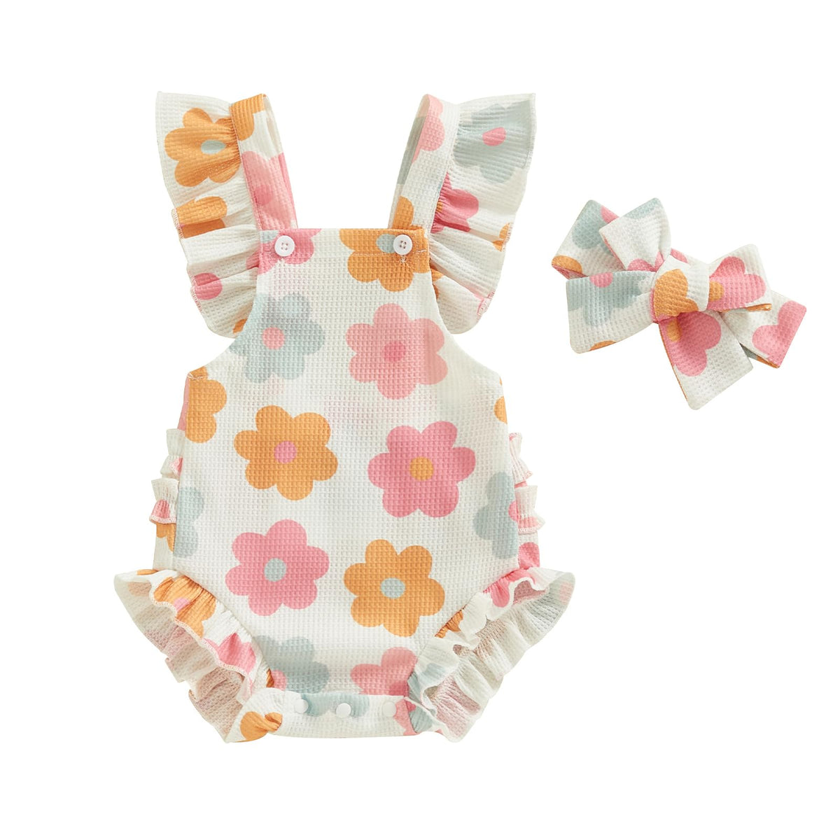 Covvoliy Infant Baby Girl Summer Clothes Outfits Cute Print Fly Sleeve Romper Jumpsuit Bodysuit With Headband, Multicolor, 03 M