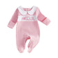 Eurvoku Im New Here Newborn Baby Outfit Girl Embroidery Striped Waffle Long Sleeve Footie Romper Jumpsuit Coming Home Outfit (A-