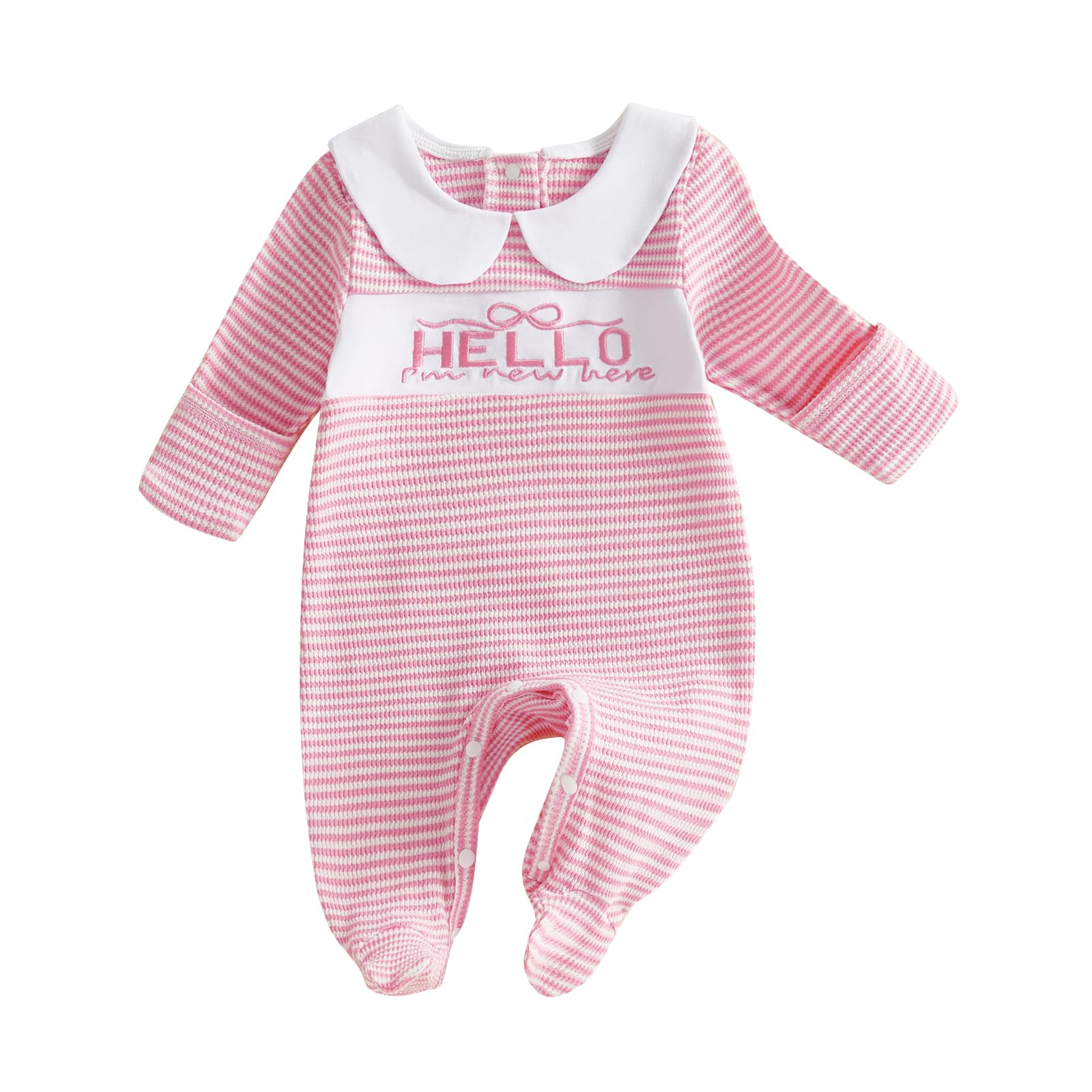 Eurvoku Im New Here Newborn Baby Outfit Girl Embroidery Striped Waffle Long Sleeve Footie Romper Jumpsuit Coming Home Outfit (A-