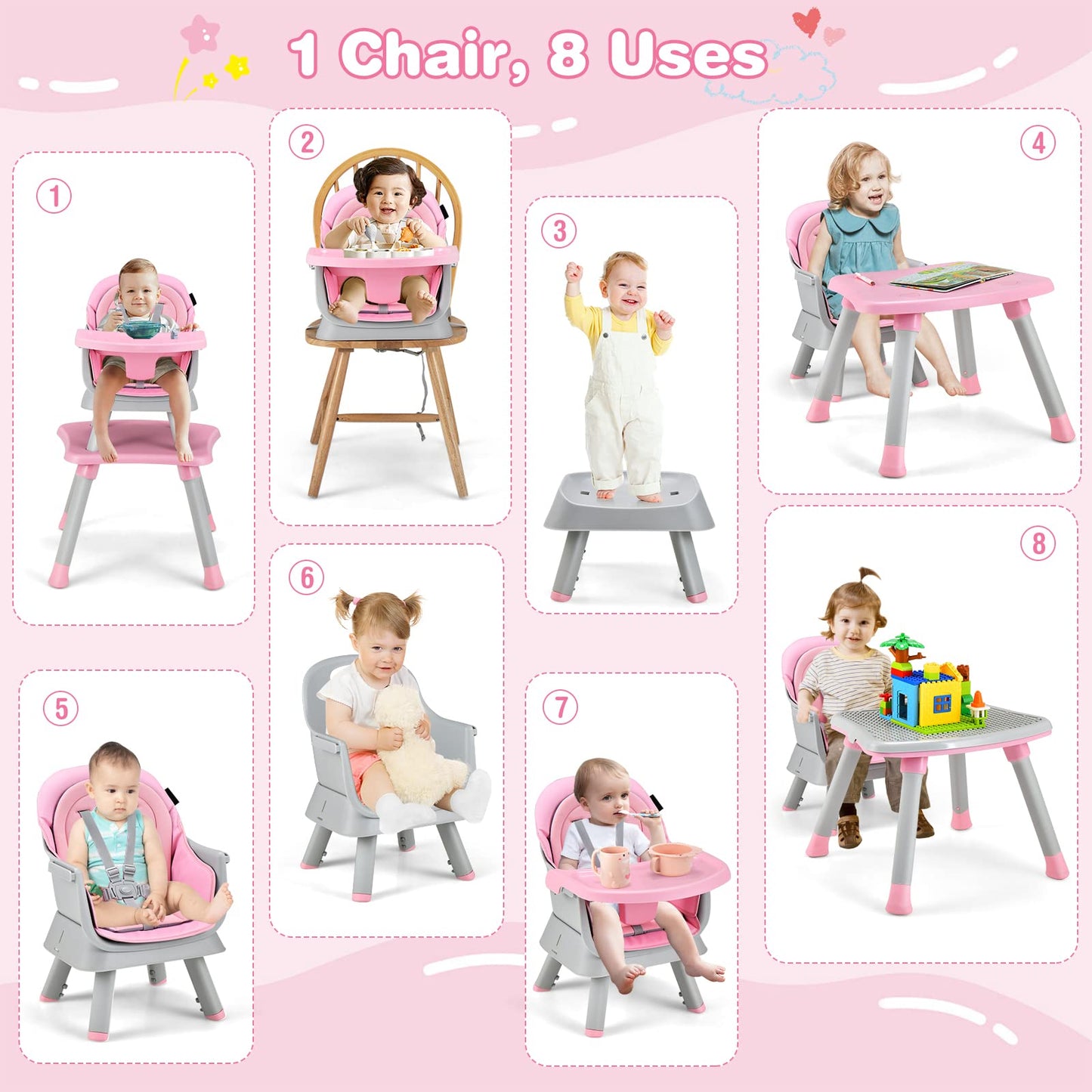 HONEY JOY 8 in 1 Baby High Chair, Convertible Highchair for Babies and Toddlers/Table and Chair Set/Building Block Table/Booster