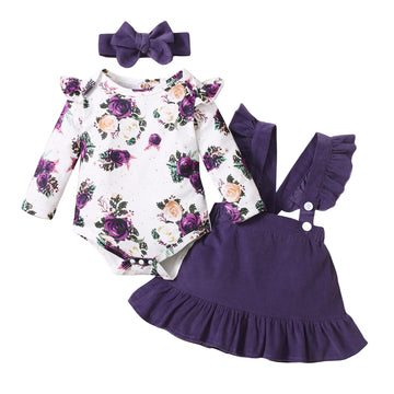 0-6 Months Baby Girl Clothes Toddler Girl Onesies Purple Suspender Skirt Set Long Sleeve Ruffle Romper Infant Jumpsuit Bodysuit