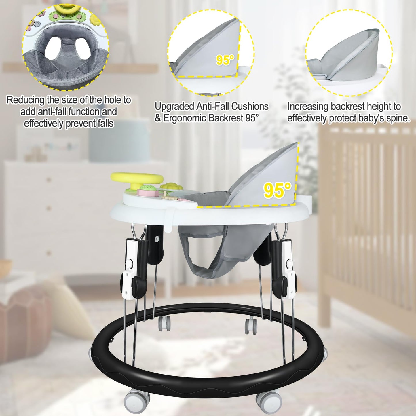 Foldable Baby Walker For Boys And Girls, 5-In-1 Baby Walker With Wheels, Adjustable Height Toddler Activity Walker With Music Tr