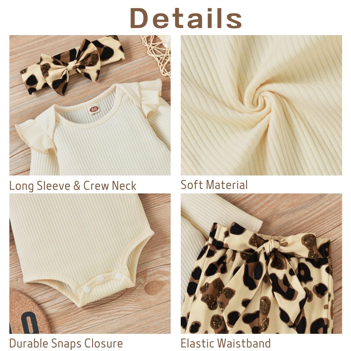 Infant Baby Girls Clothes Ribbed Bodysuit Leopard Cheetah Pants Set Fall Winter Outfits Apricot 6-12 Months