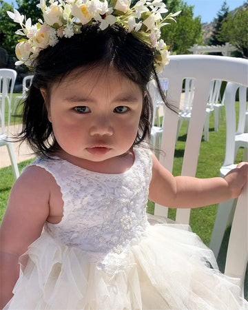 2Bunnies Girl Beaded Peony Lace Back A-Line Tiered Tutu Tulle Flower Girl Dress (Ivory Short Sleeveless, 6)