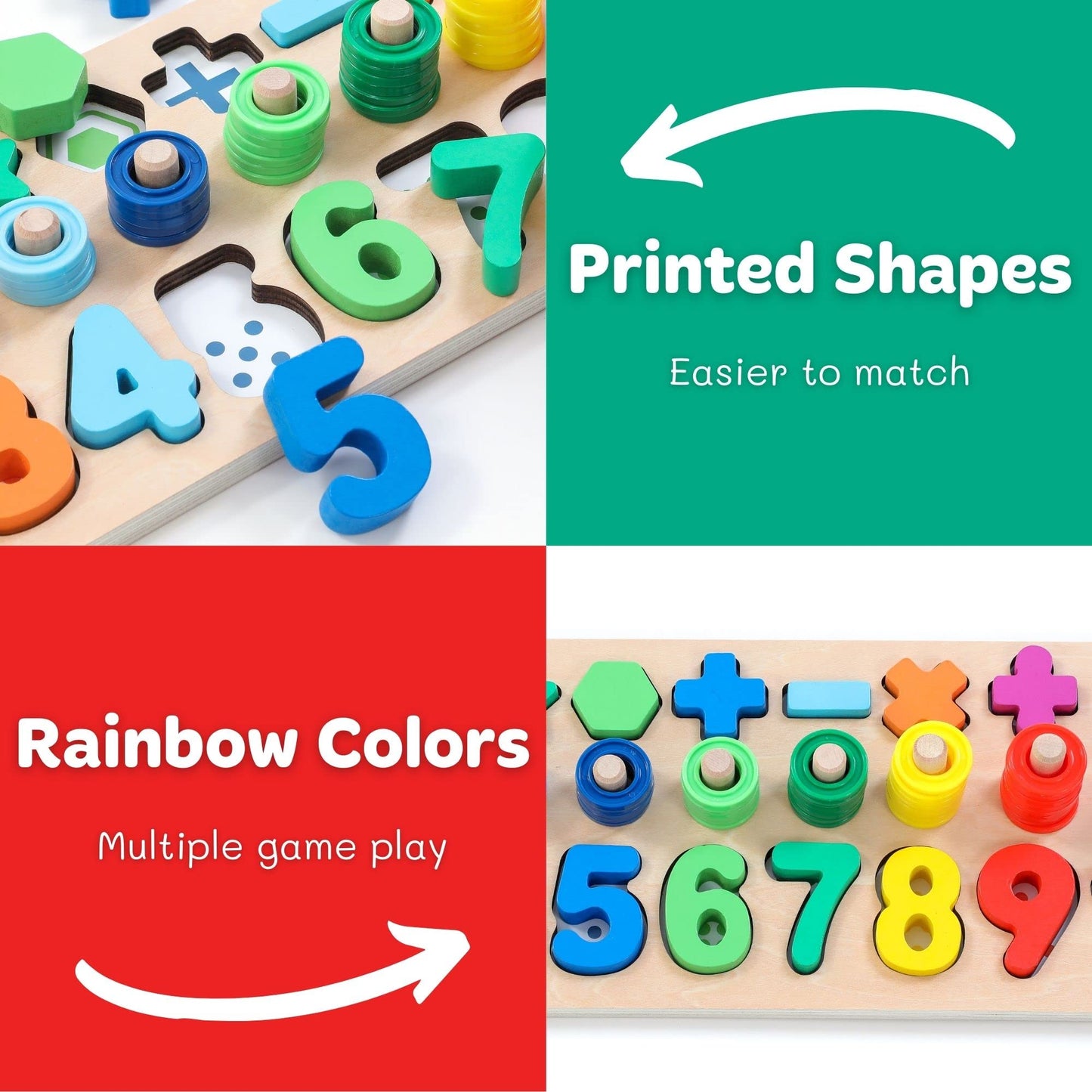 GeroCrew Wooden Montessori Toys for Kids Toddler Number Puzzles Sorter Counting Shape Stacker Stacking Game Preschool Toys for B