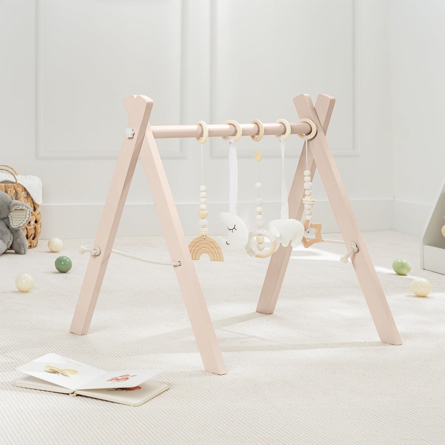 Comfy Cubs Wooden Baby Play Gym - Natural Finish Pinewood Baby Activity Gym With 5 Sensory Hanging Toys - Easy No-Tool Assembly,