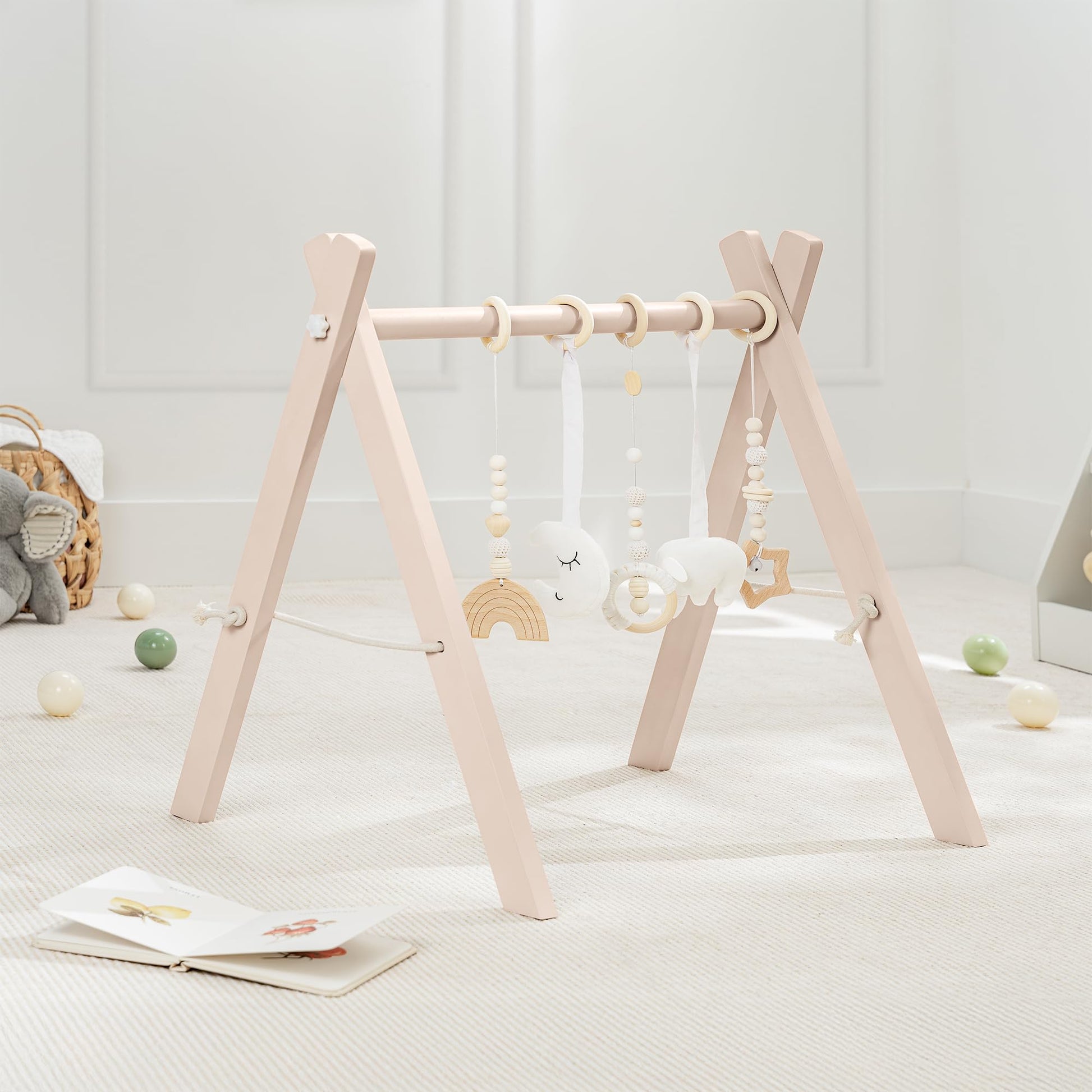 Comfy Cubs Wooden Baby Play Gym - Natural Finish Pinewood Baby Activity Gym With 5 Sensory Hanging Toys - Easy No-Tool Assembly,