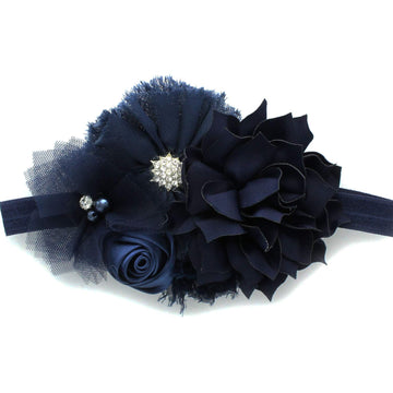 My Lello Headband Shabby Fabric Flower Cluster Baby - Infant - Toddler - Girl Stretchy Elastic Navy