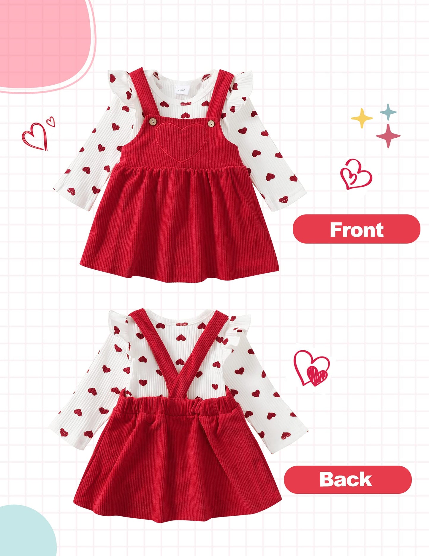 Kucnuzki Baby Girl Clothes 3-6 Months Baby Girl Valentines Day Long Sleeve Ruffle Romper Shirt Red Suspender Overall Dress Fall